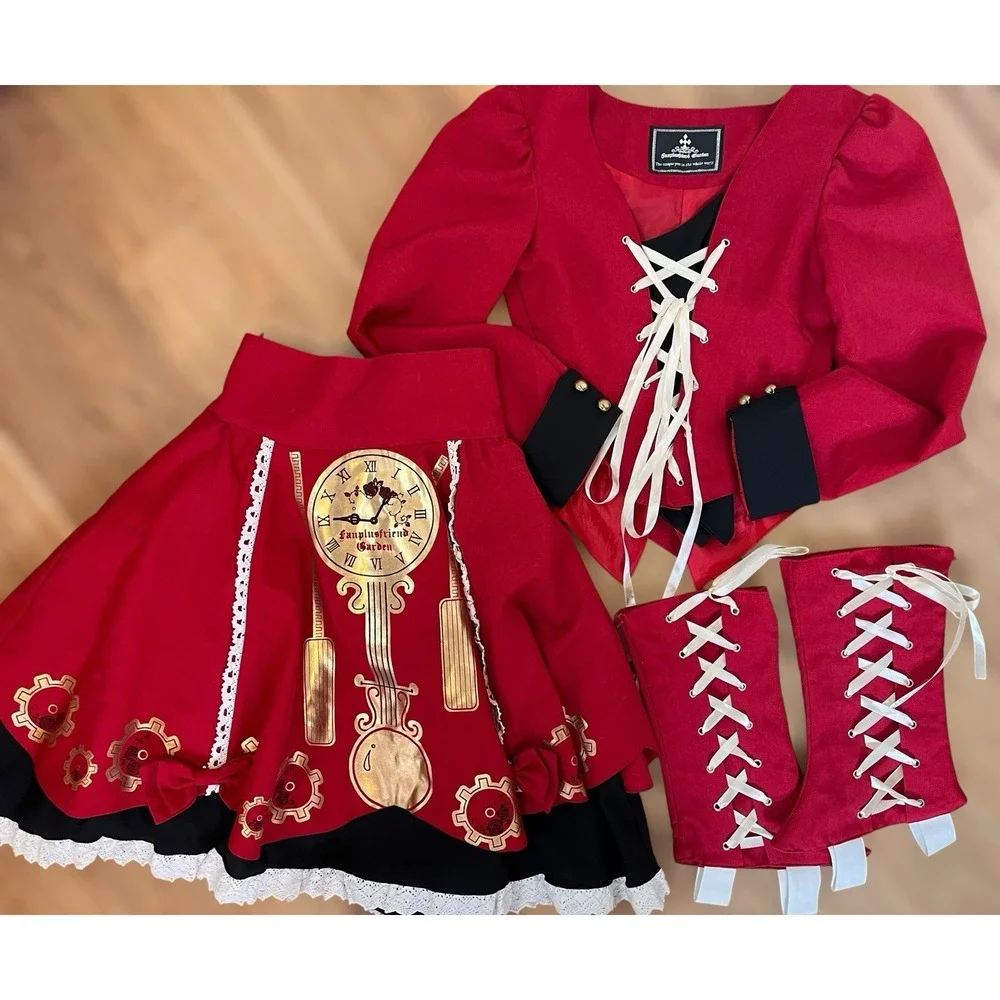 Lolita Dress 3 Piece Red Corset Pleated Skirt  Size 12 Renaissance Whimsigoth - Picture 2 of 10